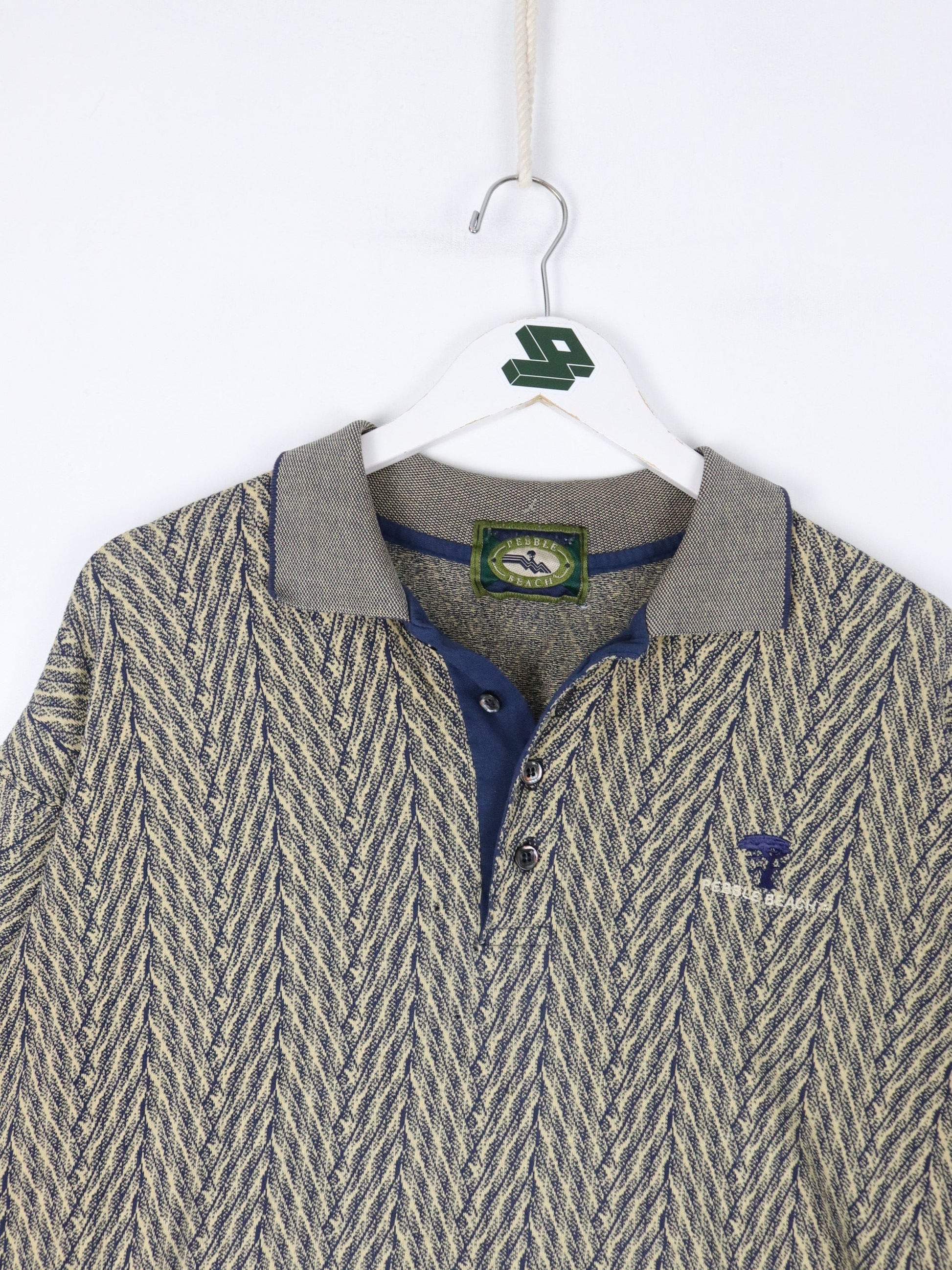 Other Button Up Shirts Vintage Pebble Beach Polo Shirt Mens 2XL Beige Blue Golf Pattern