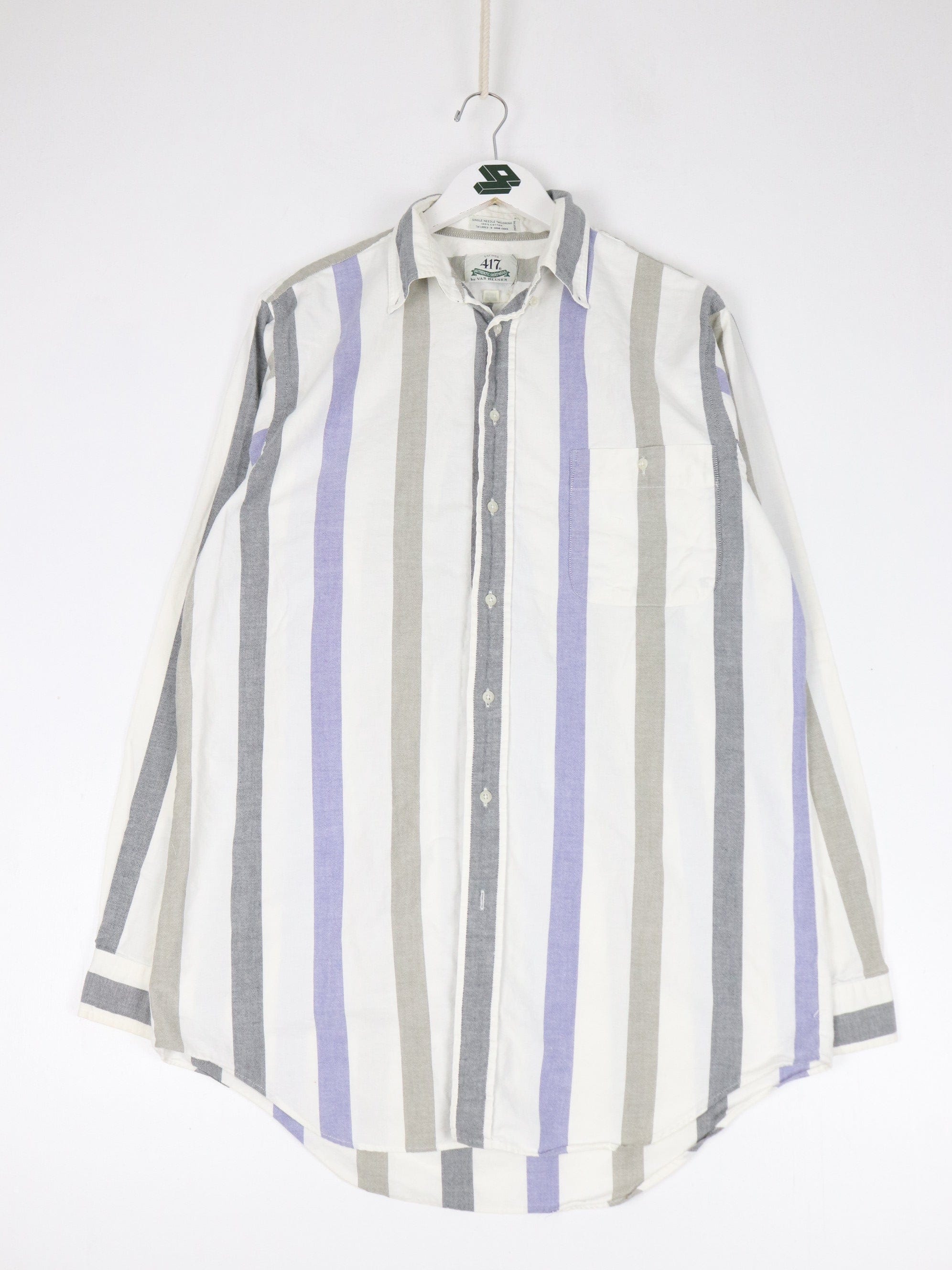 Vintage Van Heusen Shirt Mens Medium Tall White Striped Button Up