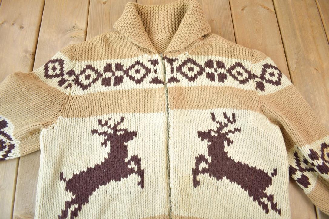 Other Clothing > Gender Neutral Adult Clothing > Hoodies & Sweatshirts > Sweatshirts Vintage 1940s Hand-Knit Deer Cowichan Sweater Men's Medium