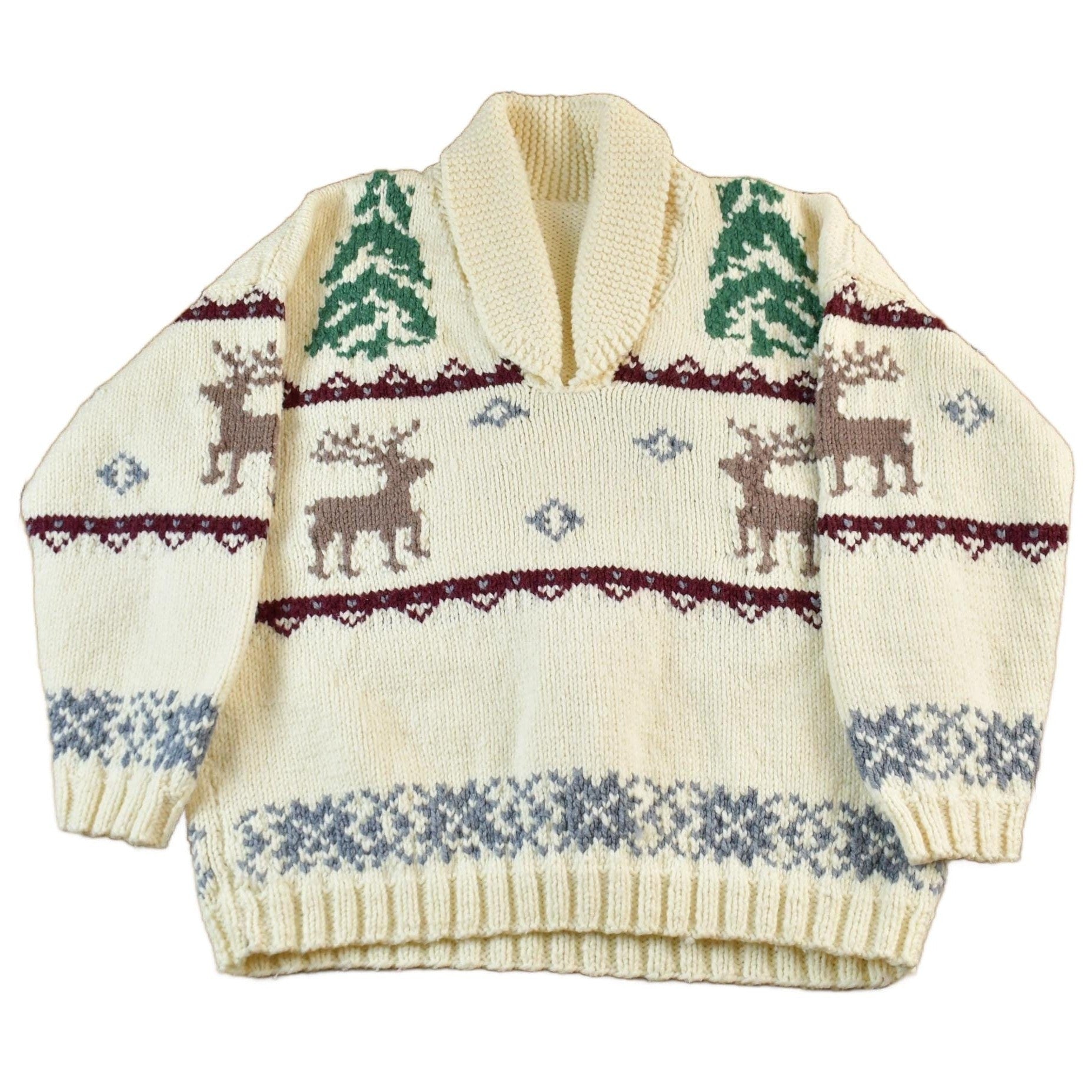 Other Clothing > Gender Neutral Adult Clothing > Hoodies & Sweatshirts > Sweatshirts Vintage 1960s Hand-Knit Elk Theme Cowichan Sweater Men's XL