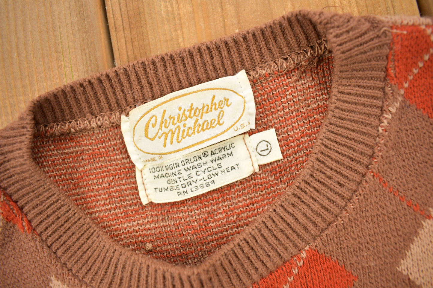 Other Clothing > Gender Neutral Adult Clothing > Hoodies & Sweatshirts > Sweatshirts Vintage 1970s Christopher Michael Argyle Knitted Crewneck Sweater Men's Small