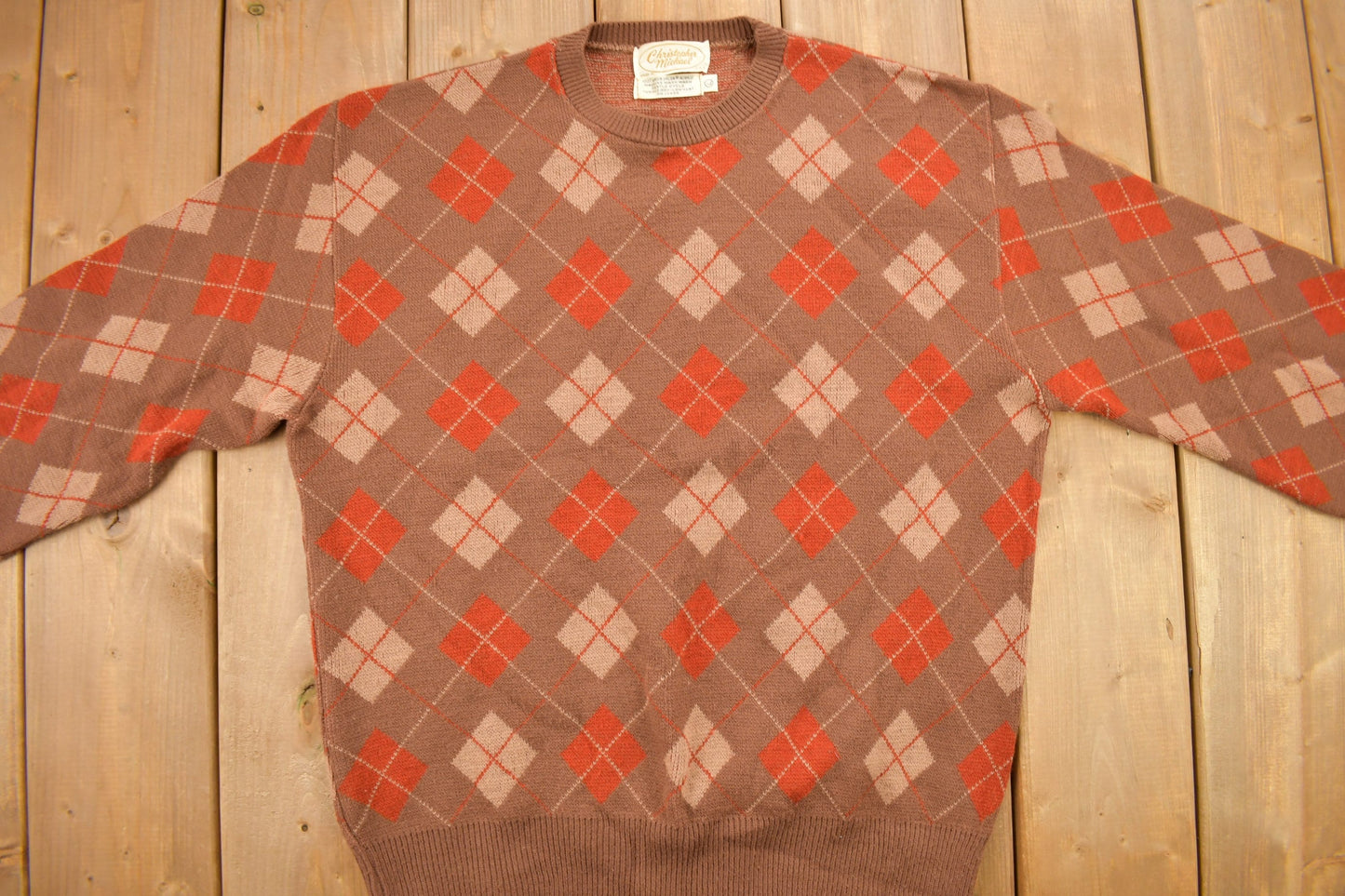 Other Clothing > Gender Neutral Adult Clothing > Hoodies & Sweatshirts > Sweatshirts Vintage 1970s Christopher Michael Argyle Knitted Crewneck Sweater Men's Small