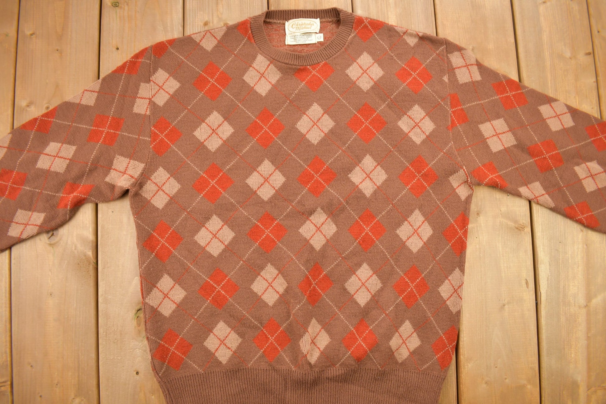 Other Clothing > Gender Neutral Adult Clothing > Hoodies & Sweatshirts > Sweatshirts Vintage 1970s Christopher Michael Argyle Knitted Crewneck Sweater Men's Small