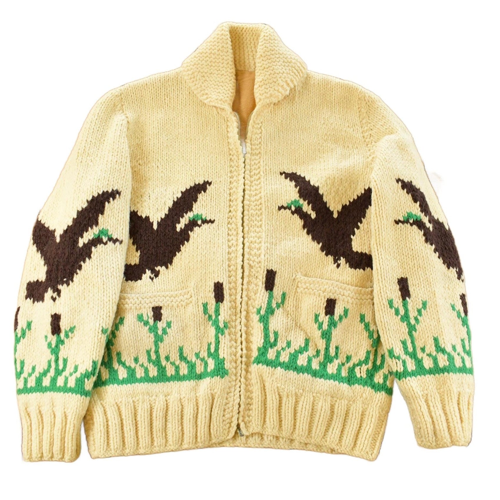Other Clothing > Gender Neutral Adult Clothing > Hoodies & Sweatshirts > Sweatshirts Vintage 1970s Hand-Knit Duck Birds Theme Wool Cowichan Sweater Men's Medium