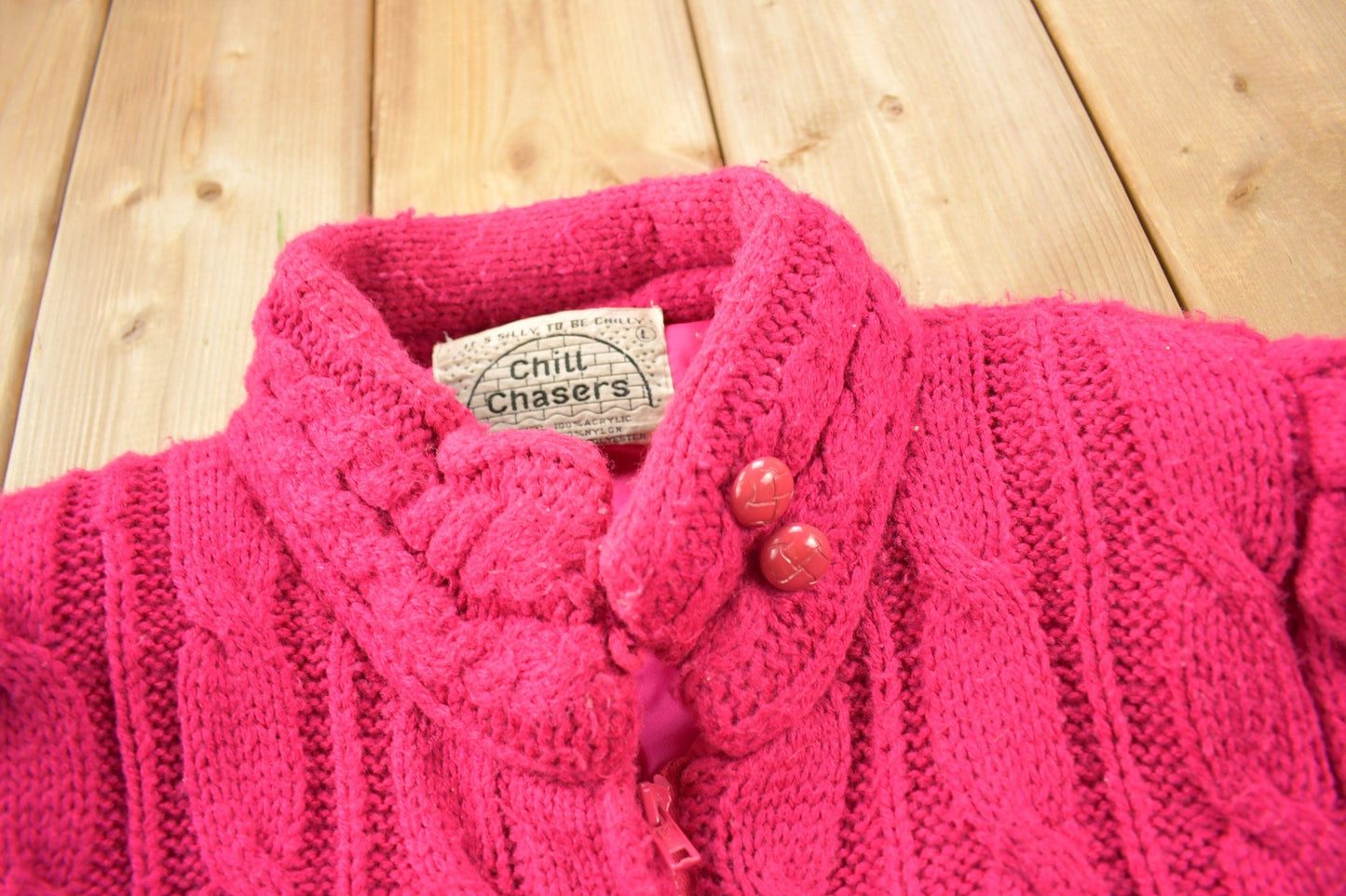 Other Clothing > Gender Neutral Adult Clothing > Hoodies & Sweatshirts > Sweatshirts Vintage 1980s Chill Chasers 3D Pink Cable Knit Sweater