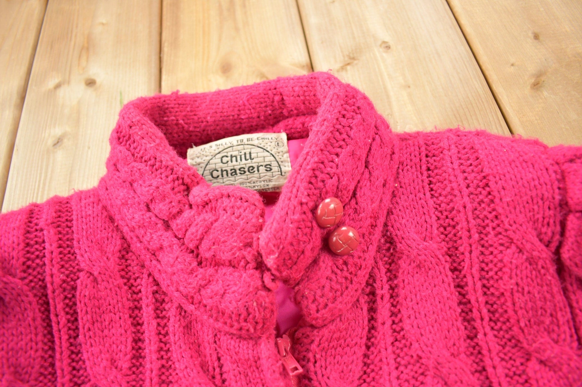 Other Clothing > Gender Neutral Adult Clothing > Hoodies & Sweatshirts > Sweatshirts Vintage 1980s Chill Chasers 3D Pink Cable Knit Sweater