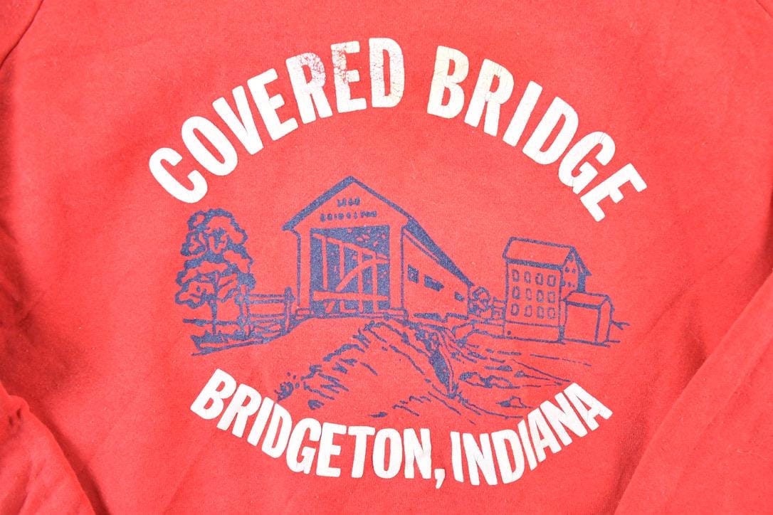 Other Clothing > Gender Neutral Adult Clothing > Hoodies & Sweatshirts > Sweatshirts Vintage 1980s Covered Bridge Bridgeton Indiana Outdoorsman Crewneck Sweatshirt Mens L