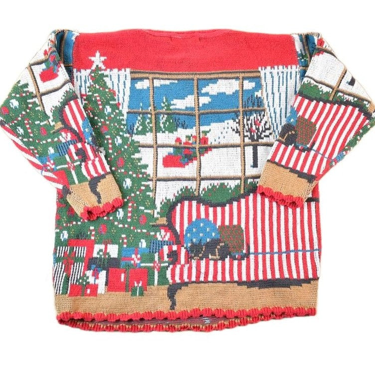 Other Clothing > Gender Neutral Adult Clothing > Hoodies & Sweatshirts > Sweatshirts Vintage 1980s Crossing Christmas All Over Print Knit Abstract Pattern Crewneck Sweater Mens L