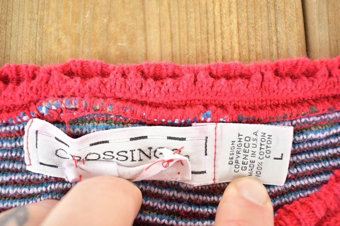 Other Clothing > Gender Neutral Adult Clothing > Hoodies & Sweatshirts > Sweatshirts Vintage 1980s Crossing Christmas All Over Print Knit Abstract Pattern Crewneck Sweater Mens L