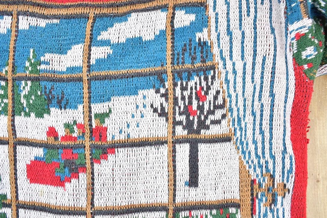 Other Clothing > Gender Neutral Adult Clothing > Hoodies & Sweatshirts > Sweatshirts Vintage 1980s Crossing Christmas All Over Print Knit Abstract Pattern Crewneck Sweater Mens L