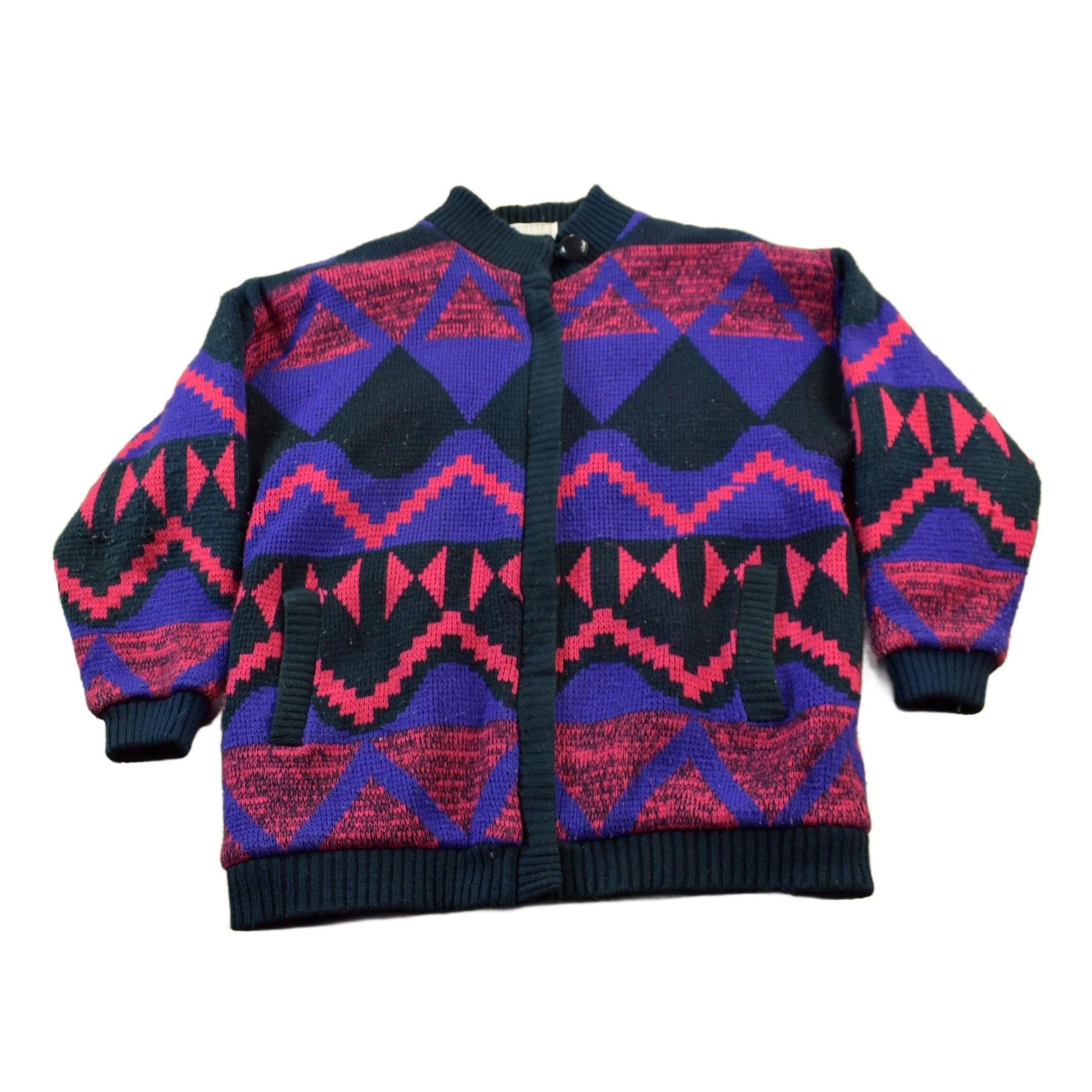 Other Clothing > Gender Neutral Adult Clothing > Hoodies & Sweatshirts > Sweatshirts Vintage 1980s Express Knitted Abstract Cardigan Sweater Jacket Men's Medium