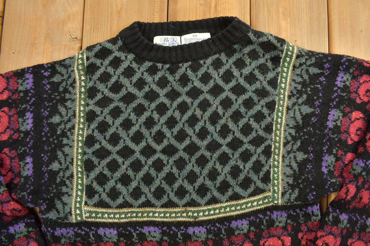 Other Clothing > Gender Neutral Adult Clothing > Hoodies & Sweatshirts > Sweatshirts Vintage 1980s Knitted Floral Mi Ki Knit Sweater Men's Small