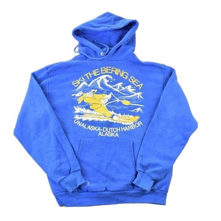 Other Clothing > Gender Neutral Adult Clothing > Hoodies & Sweatshirts > Sweatshirts Vintage 1980s Ski The Bering Sea Alaska Outdoorsman Hoodie Sweatshirt Men's Large