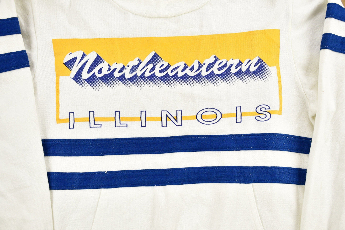 Other Clothing > Gender Neutral Adult Clothing > Hoodies & Sweatshirts > Sweatshirts Vintage 1980s University of Northeastern Illinois Collegiate Crewneck Men's Small/ Color Block / NCAA Sweatshirt / Sportswear / Americana