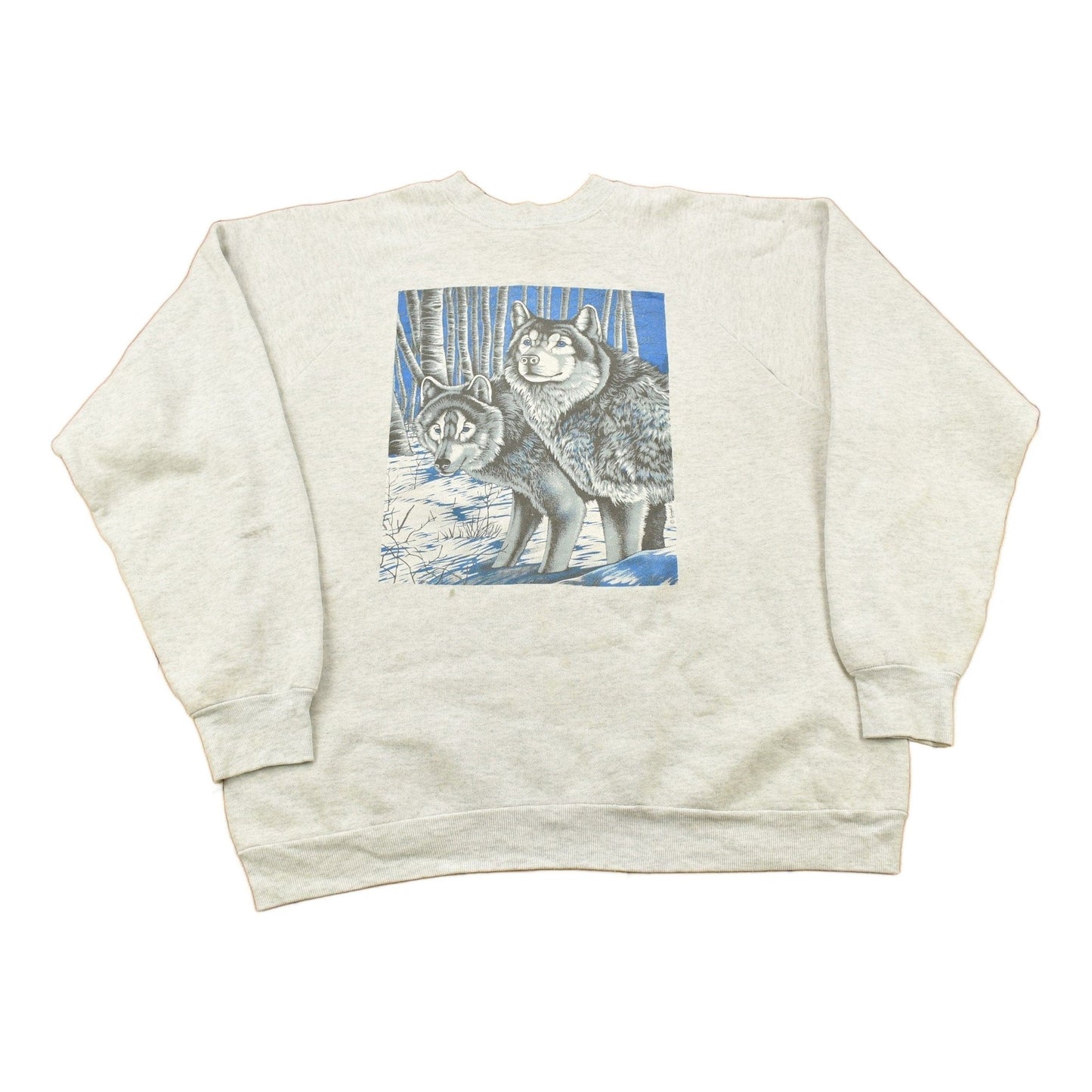 Other Clothing > Gender Neutral Adult Clothing > Hoodies & Sweatshirts > Sweatshirts Vintage 1980s Wolf Theme Graphic Raglan Crewneck Men's XL
