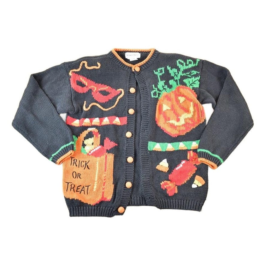 Other Clothing > Gender Neutral Adult Clothing > Hoodies & Sweatshirts > Sweatshirts Vintage 1990s Alexandra Bartlett Halloween All Over Print Chunky Knit Abstract Pattern Cardigan Sweater Women's L