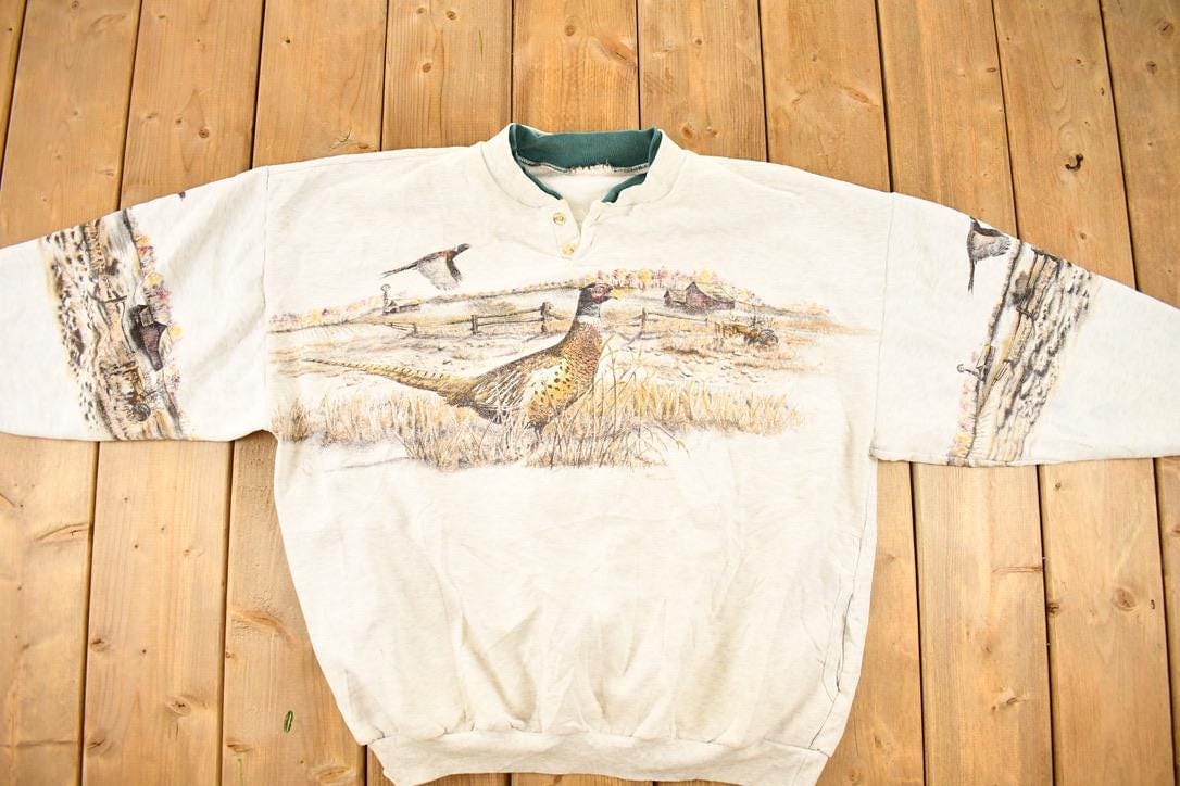 Other Clothing > Gender Neutral Adult Clothing > Hoodies & Sweatshirts > Sweatshirts Vintage 1990s Art Unlimited pheasant wilderness scene Double Collar Sweatshirt Men's L