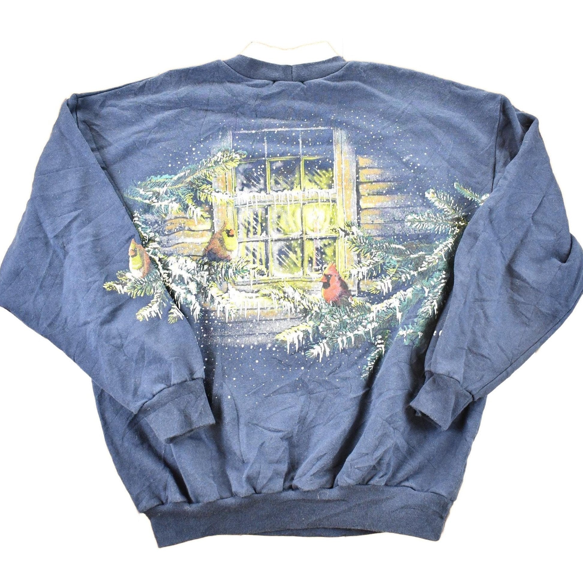 Other Clothing > Gender Neutral Adult Clothing > Hoodies & Sweatshirts > Sweatshirts Vintage 1990s Art Unlimited Winter Cardinal AOP Collared Crewneck Sweatshirt Men's L