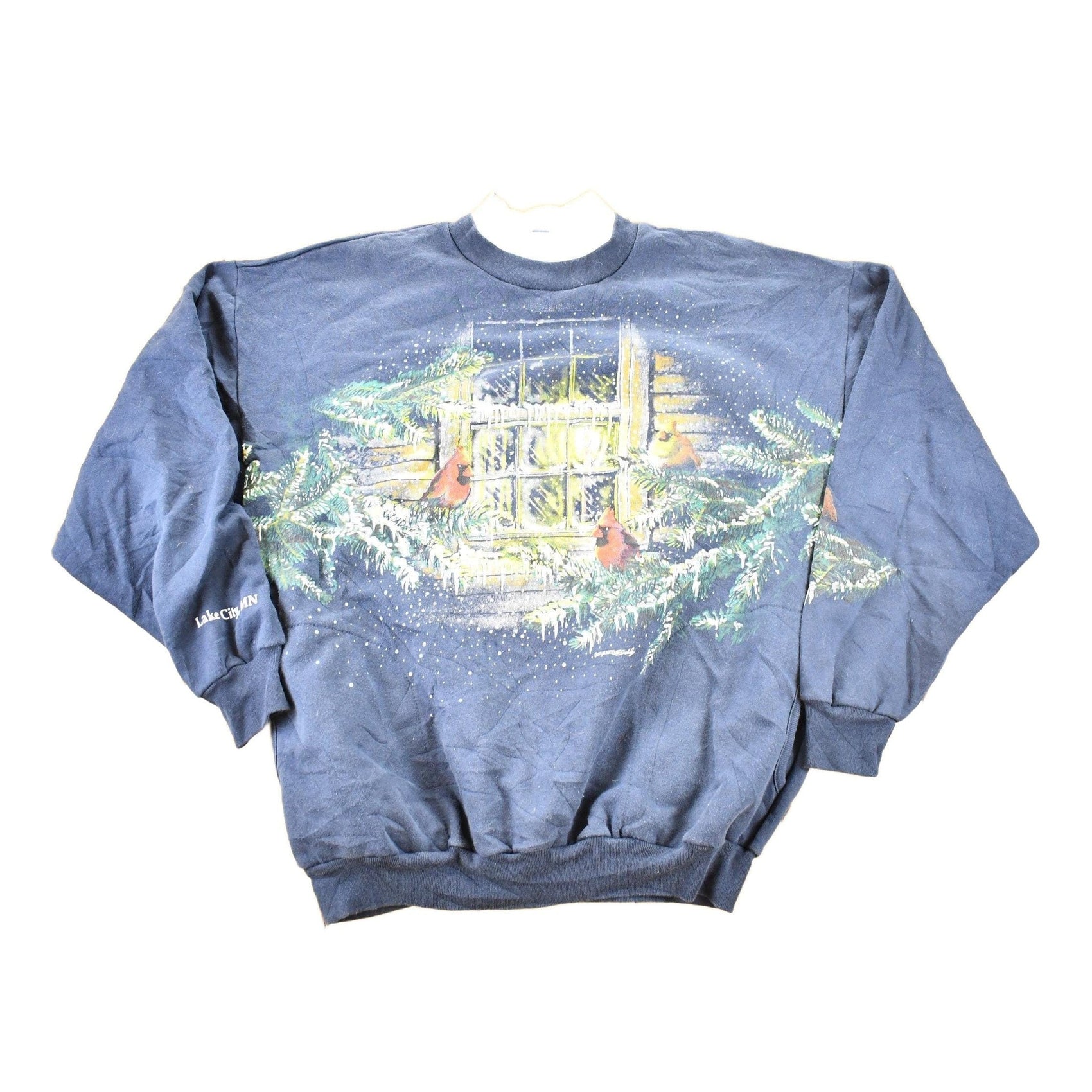 Other Clothing > Gender Neutral Adult Clothing > Hoodies & Sweatshirts > Sweatshirts Vintage 1990s Art Unlimited Winter Cardinal AOP Collared Crewneck Sweatshirt Men's L