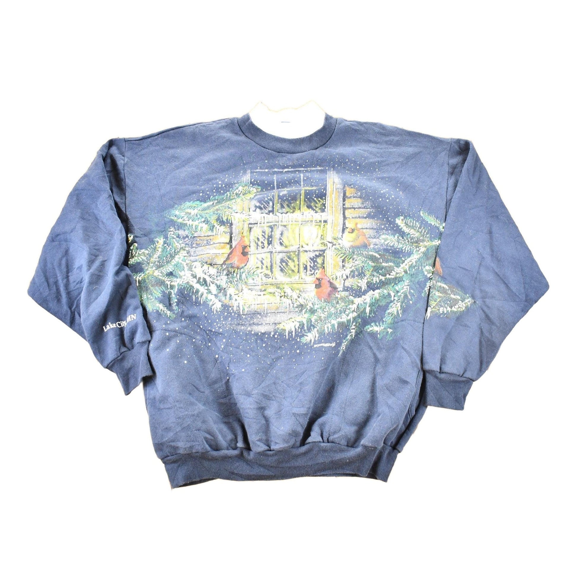 Other Clothing > Gender Neutral Adult Clothing > Hoodies & Sweatshirts > Sweatshirts Vintage 1990s Art Unlimited Winter Cardinal AOP Collared Crewneck Sweatshirt Men's L