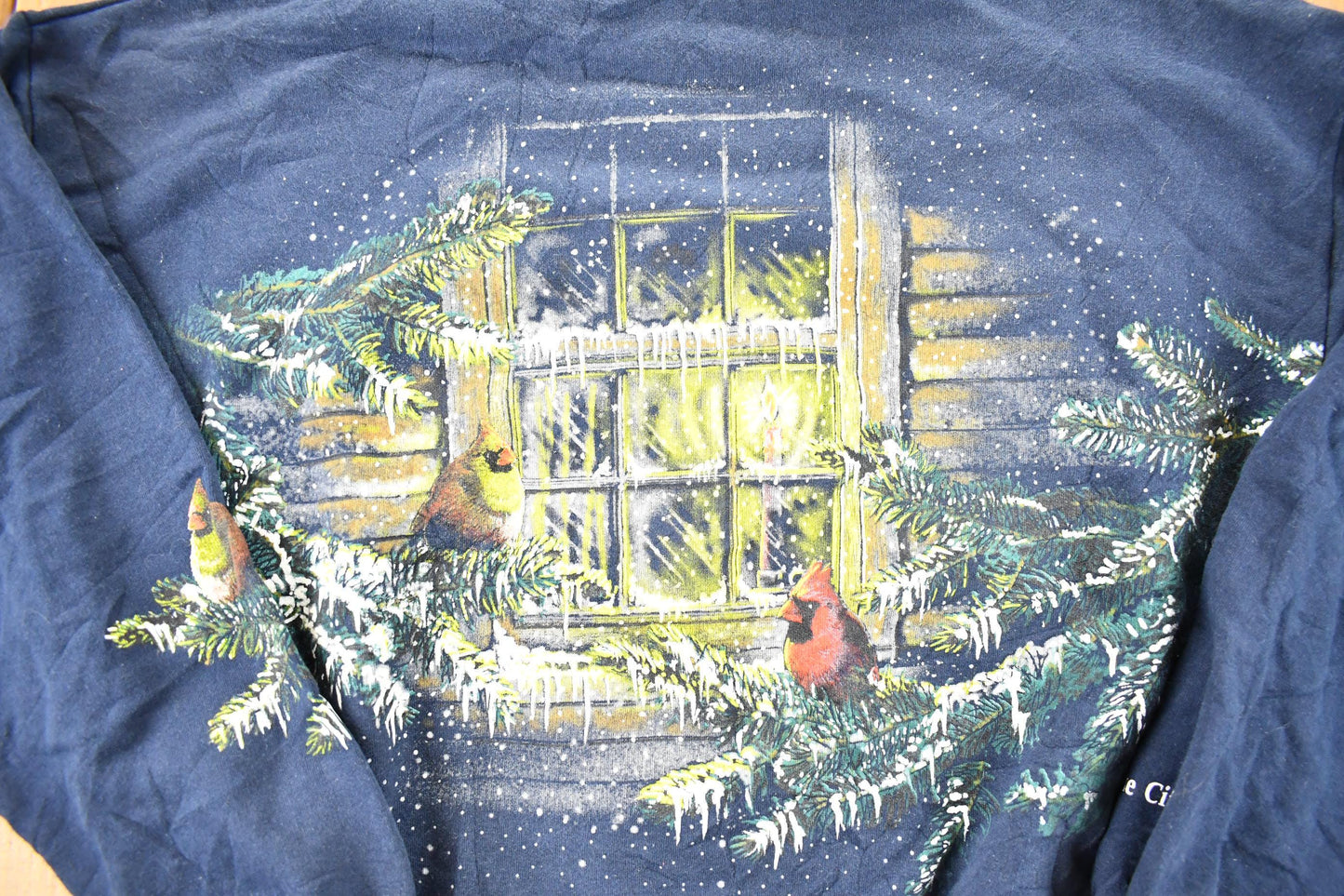 Other Clothing > Gender Neutral Adult Clothing > Hoodies & Sweatshirts > Sweatshirts Vintage 1990s Art Unlimited Winter Cardinal AOP Collared Crewneck Sweatshirt Men's L