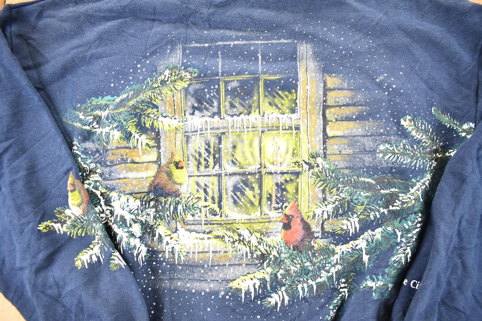 Other Clothing > Gender Neutral Adult Clothing > Hoodies & Sweatshirts > Sweatshirts Vintage 1990s Art Unlimited Winter Cardinal AOP Collared Crewneck Sweatshirt Men's L