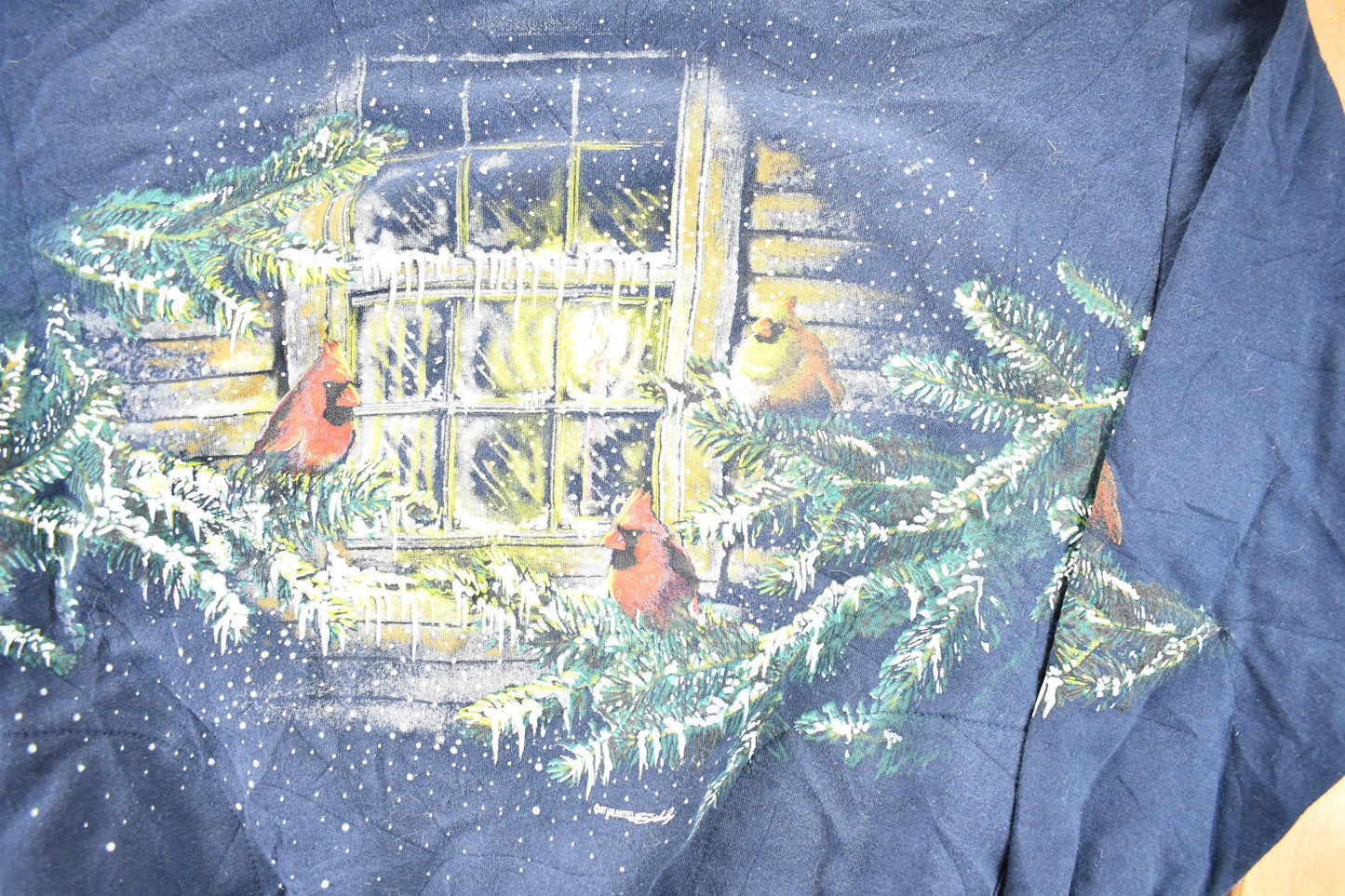 Other Clothing > Gender Neutral Adult Clothing > Hoodies & Sweatshirts > Sweatshirts Vintage 1990s Art Unlimited Winter Cardinal AOP Collared Crewneck Sweatshirt Men's L