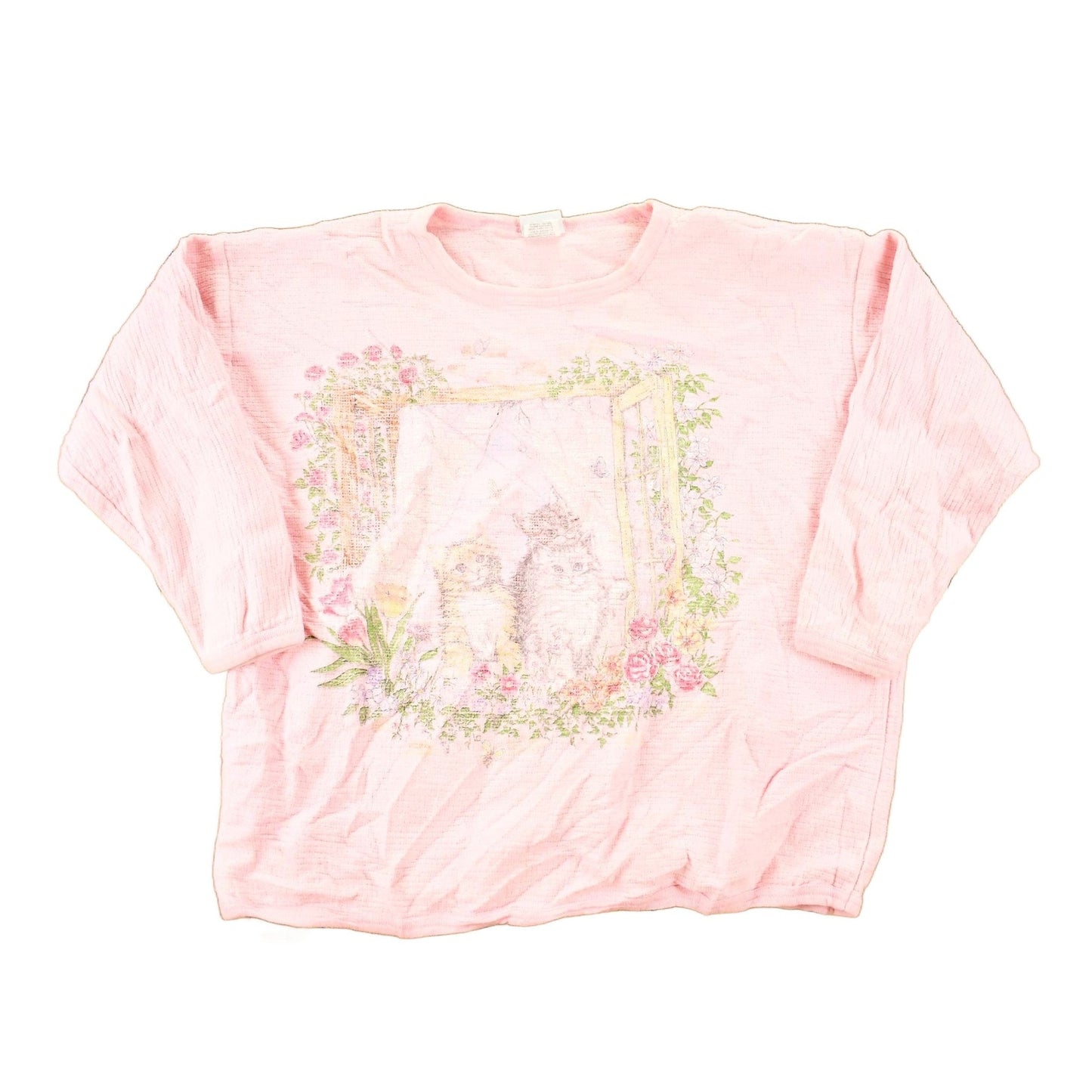 Other Clothing > Gender Neutral Adult Clothing > Hoodies & Sweatshirts > Sweatshirts Vintage 1990s Basic Editions Chunky Knit Cute Kitties Screen Printed Crewneck Sweatshirt Women's L