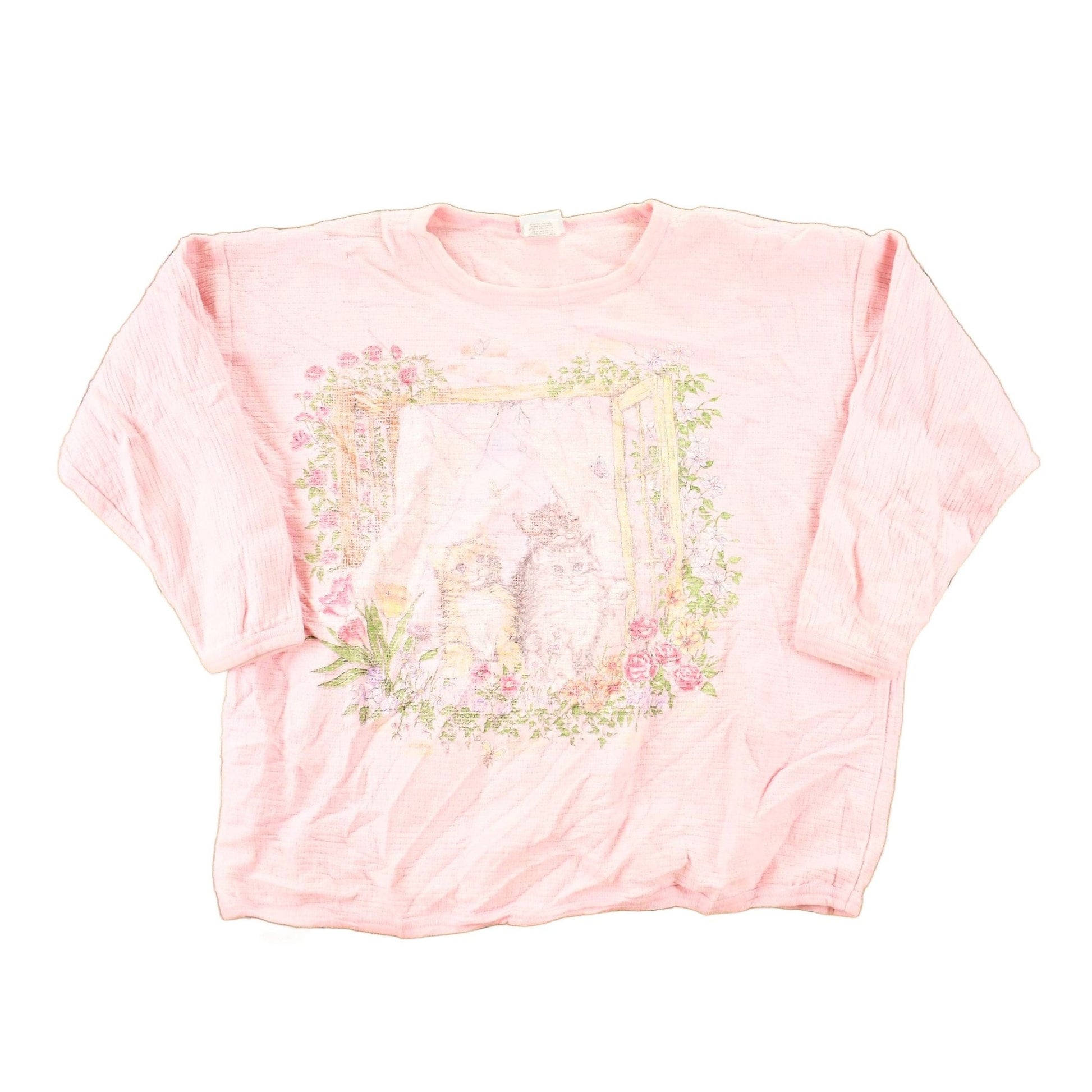 Other Clothing > Gender Neutral Adult Clothing > Hoodies & Sweatshirts > Sweatshirts Vintage 1990s Basic Editions Chunky Knit Cute Kitties Screen Printed Crewneck Sweatshirt Women's L
