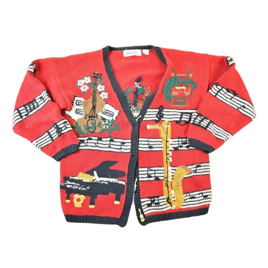 Other Clothing > Gender Neutral Adult Clothing > Hoodies & Sweatshirts > Sweatshirts Vintage 1990s Bellepointe Music Instrument All Over Print Knit Abstract Pattern Cardigan Sweater Women's L