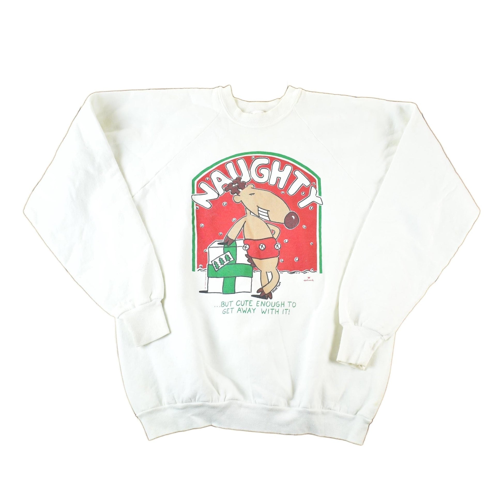 Other Clothing > Gender Neutral Adult Clothing > Hoodies & Sweatshirts > Sweatshirts Vintage 1990s Cartoon Naughty Reindeer Christmas Crewneck Sweatshirt Mens L