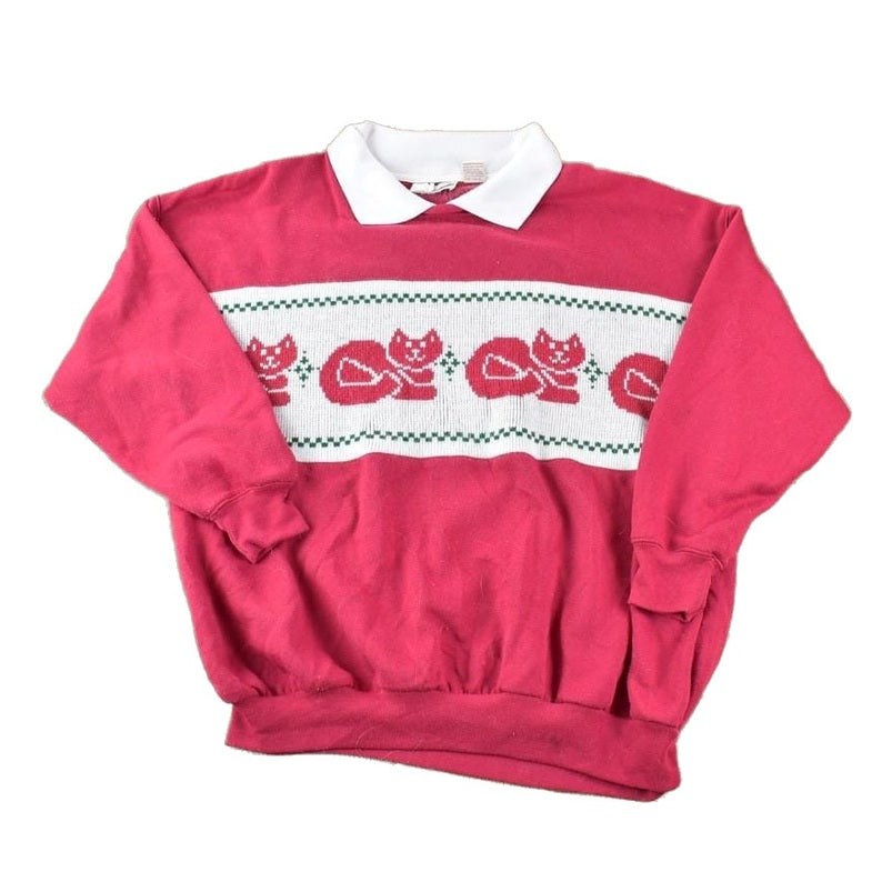 Other Clothing > Gender Neutral Adult Clothing > Hoodies & Sweatshirts > Sweatshirts Vintage 1990s Chillin Cat Separate Issue Collared Knit Abstract Pattern Crewneck Sweater Made In 90s Crewneck Men's XL