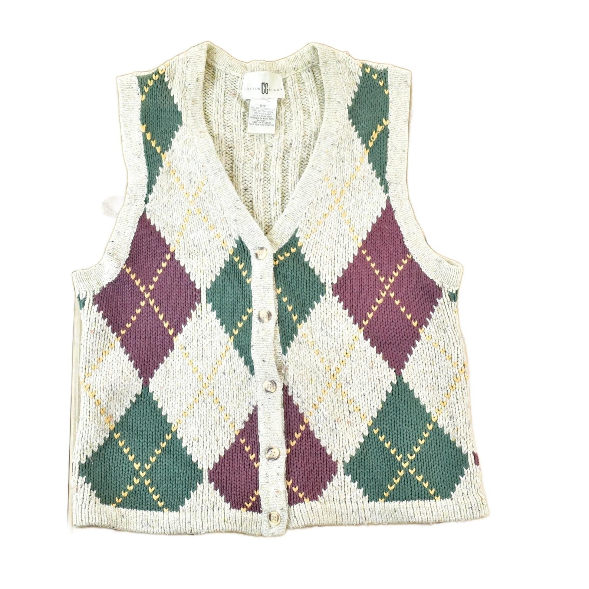Other Clothing > Gender Neutral Adult Clothing > Hoodies & Sweatshirts > Sweatshirts Vintage 1990s Cotton Ginny Argyle Pattern Chunky Knit Cardigan Sweater Vest Women's S