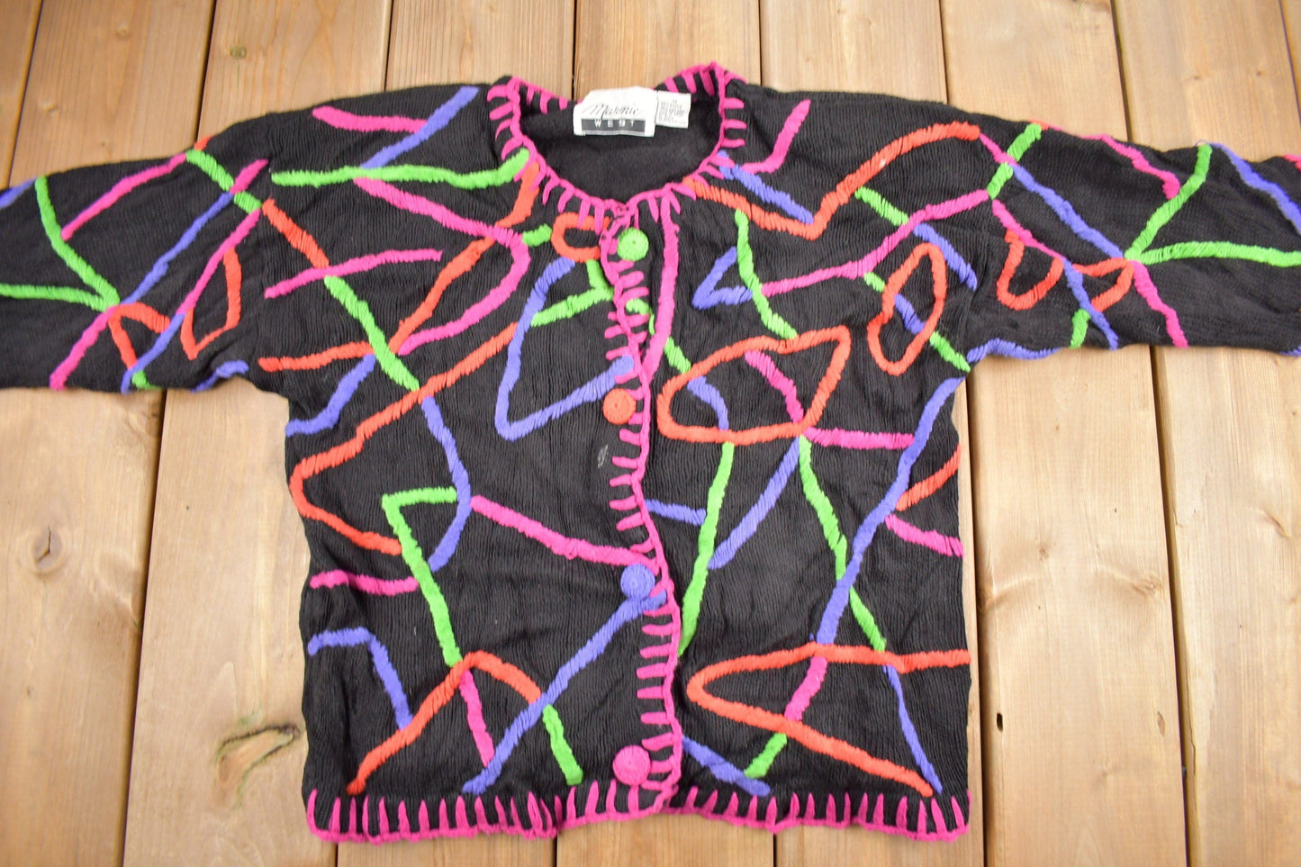 Other Clothing > Gender Neutral Adult Clothing > Hoodies & Sweatshirts > Sweatshirts Vintage 1990s Marmie West Neon Abstract Pattern Knit Cardigan Sweater Men's Small
