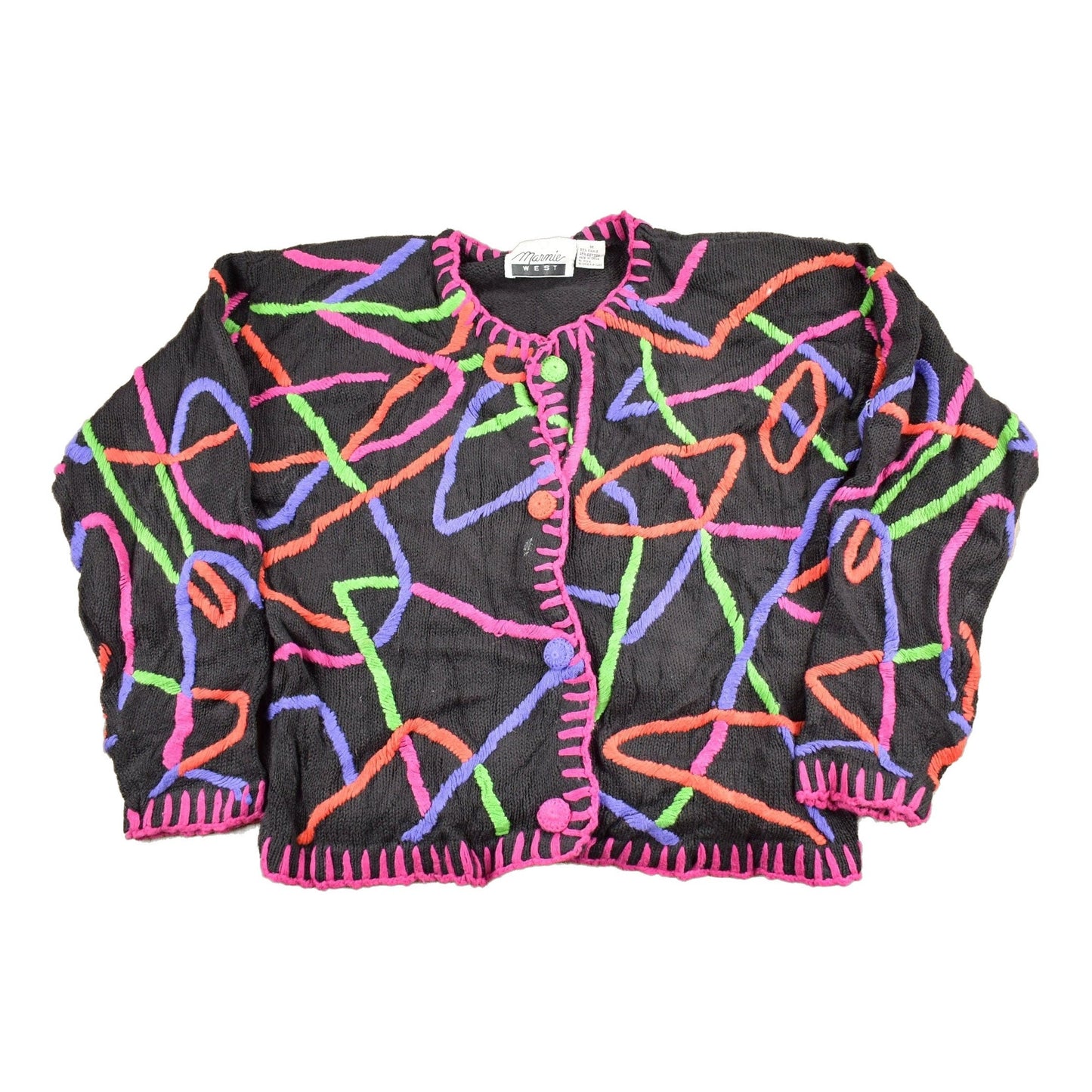 Other Clothing > Gender Neutral Adult Clothing > Hoodies & Sweatshirts > Sweatshirts Vintage 1990s Marmie West Neon Abstract Pattern Knit Cardigan Sweater Men's Small