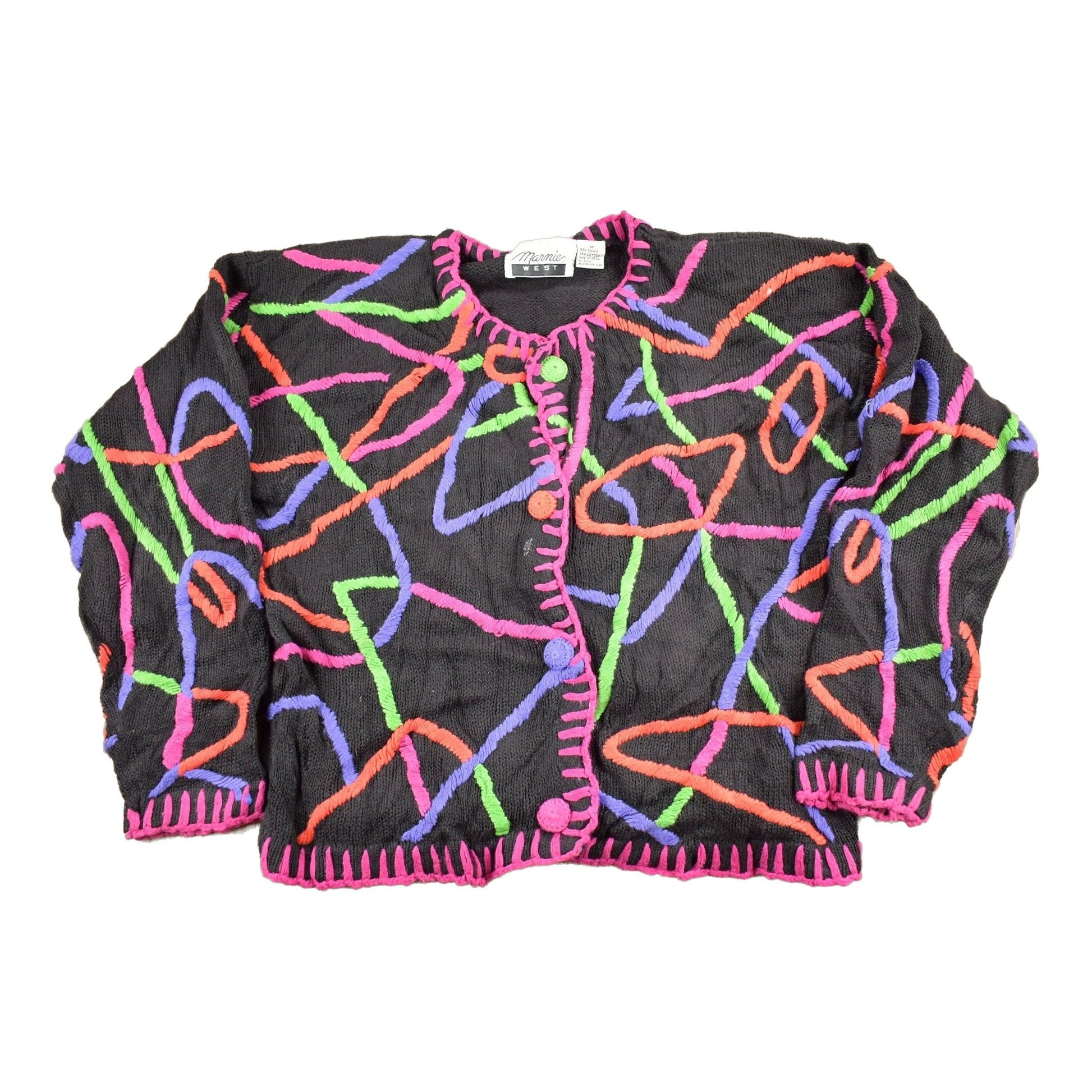 Other Clothing > Gender Neutral Adult Clothing > Hoodies & Sweatshirts > Sweatshirts Vintage 1990s Marmie West Neon Abstract Pattern Knit Cardigan Sweater Men's Small