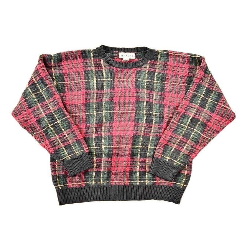Other Clothing > Gender Neutral Adult Clothing > Hoodies & Sweatshirts > Sweatshirts Vintage 1990s Merona Knit Plaid AOP Crewneck Sweater Mens L