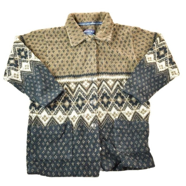 Other Clothing > Gender Neutral Adult Clothing > Hoodies & Sweatshirts > Sweatshirts Vintage 1990s Muskoka Lakes All Over Print Abstract Pattern Button Up Fleece Sweater Mens L