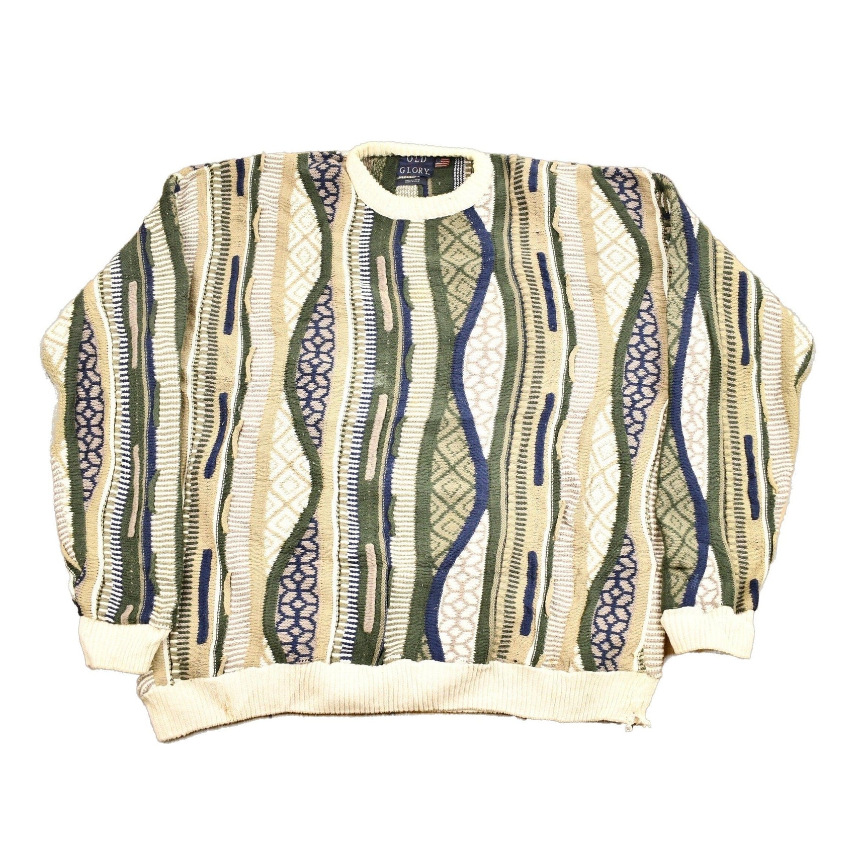 Other Clothing > Gender Neutral Adult Clothing > Hoodies & Sweatshirts > Sweatshirts Vintage 1990s Old Glory 3D Colored Cable Knit Crewneck Sweater Men's 2XL