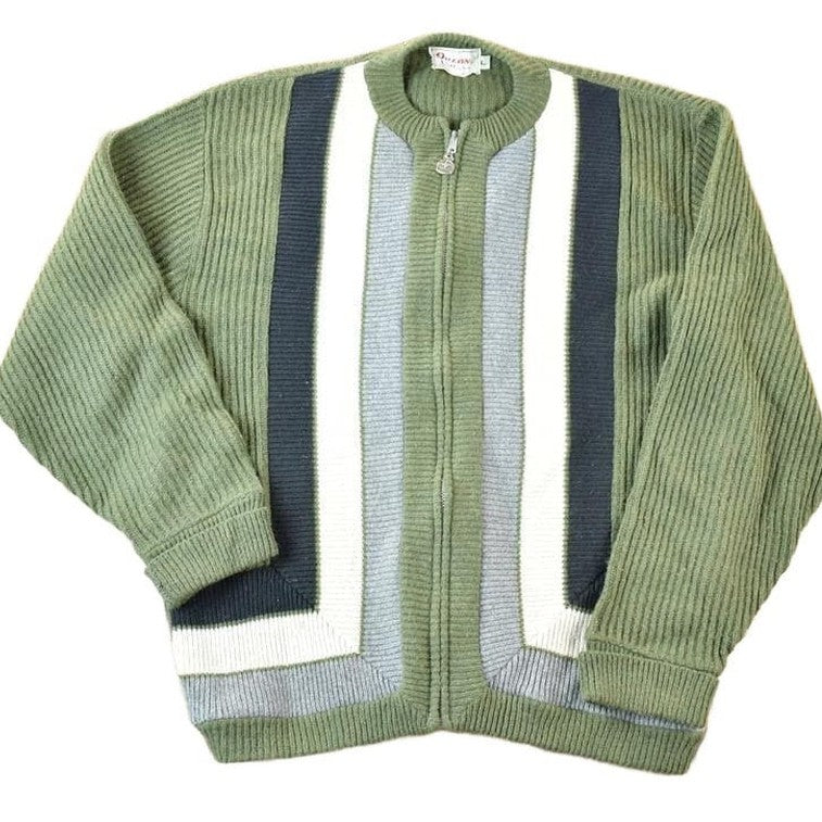 Other Clothing > Gender Neutral Adult Clothing > Hoodies & Sweatshirts > Sweatshirts Vintage 1990s Orlon Canvas Knit Striped Zip Up Cardigan Sweater Mens L