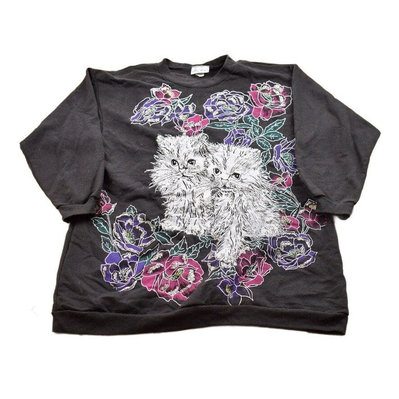 Other Clothing > Gender Neutral Adult Clothing > Hoodies & Sweatshirts > Sweatshirts Vintage 1990s Tee Dee's Kittens and Flowers Themed Crewneck Sweater Men's Medium