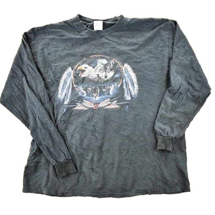 Other Clothing > Gender Neutral Adult Clothing > Hoodies & Sweatshirts > Sweatshirts Vintage 1990s Wolf And Hawk Nature Crewneck Long sleeve Shirt Men's L