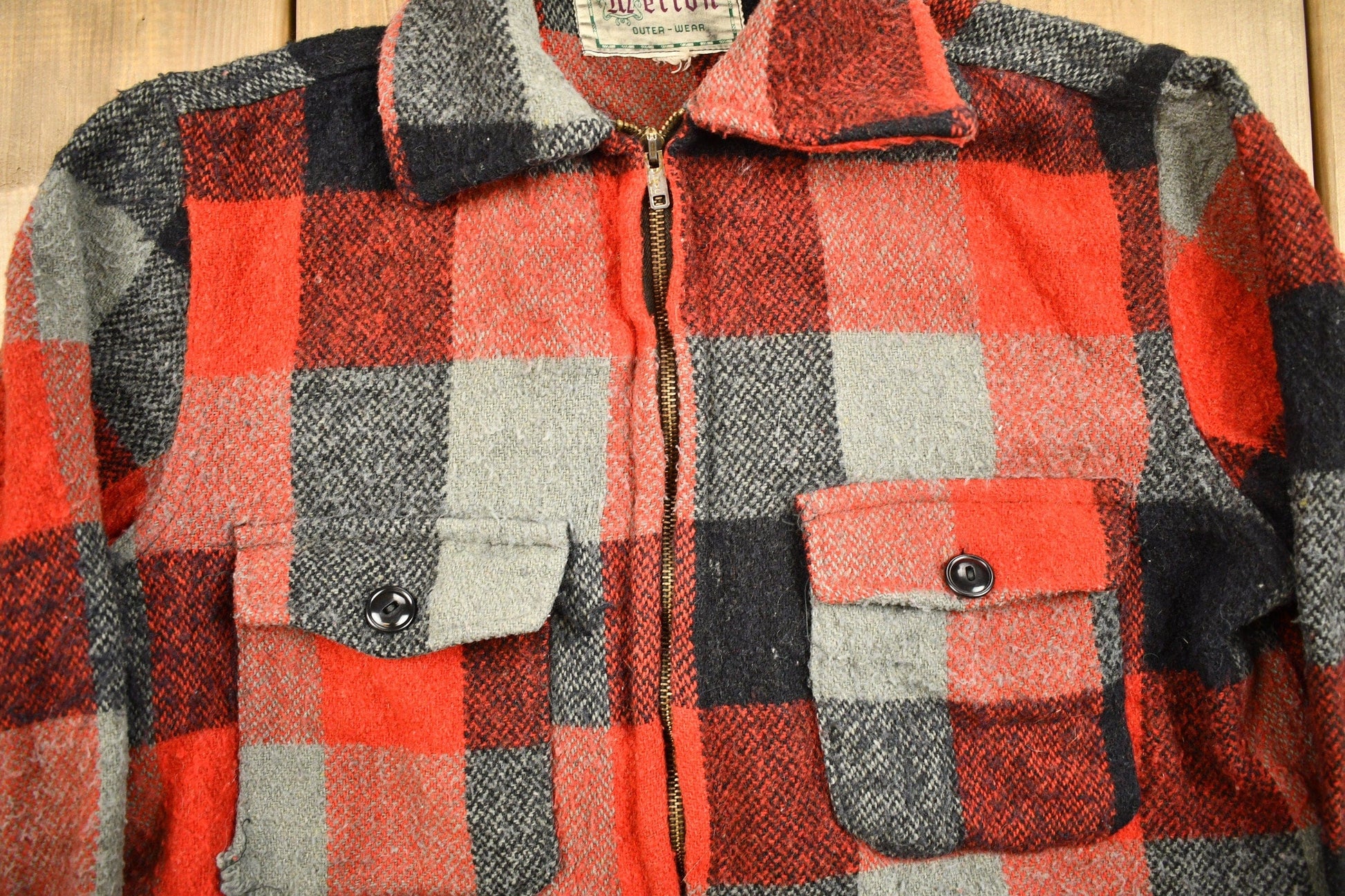 Other Clothing > Gender Neutral Adult Clothing > Jackets & Coats Vintage 1950s Melton Outer-Wear Buffalo Plaid Wool Hunting Jacket Men's Medium