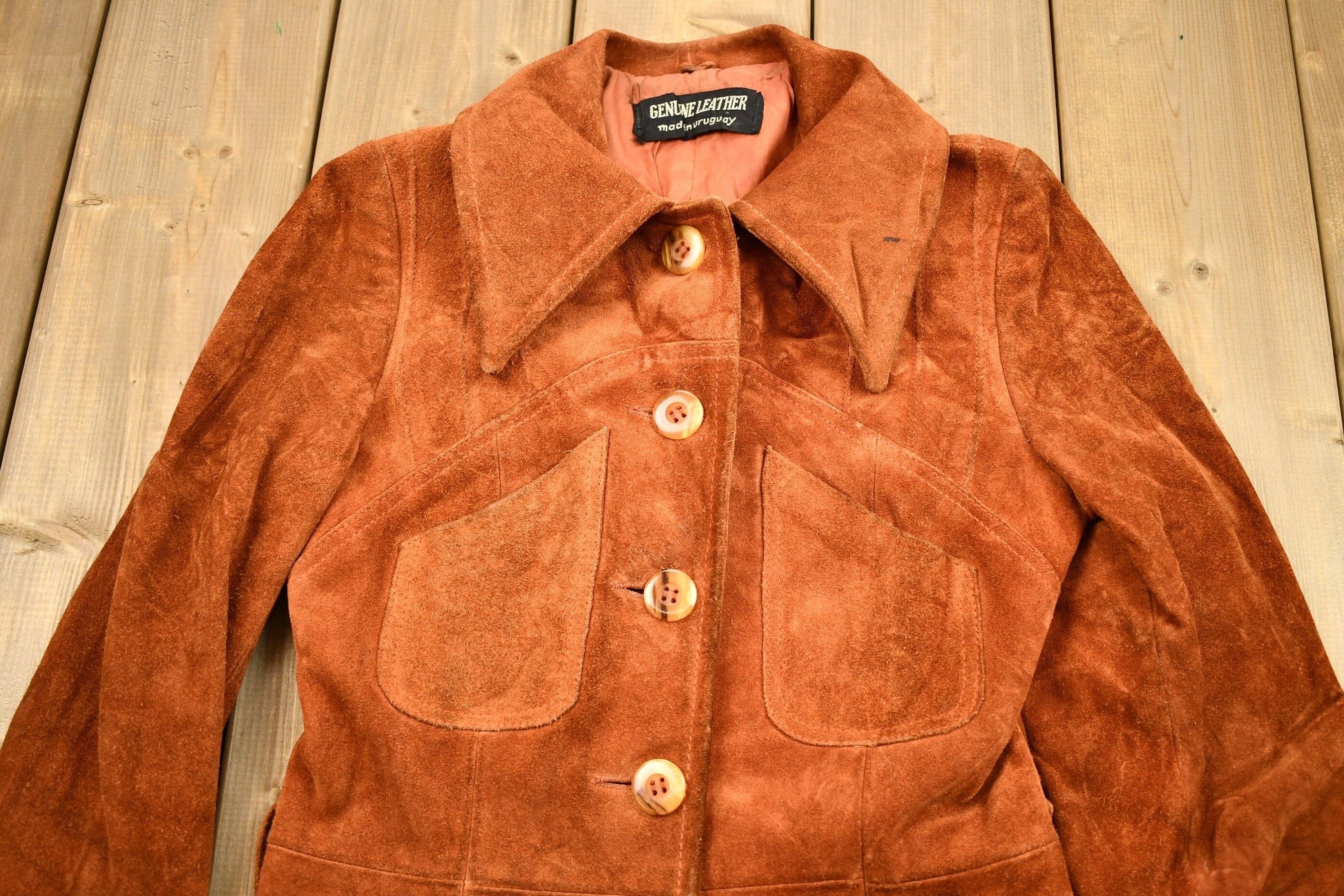 Other Clothing > Gender Neutral Adult Clothing > Jackets & Coats Vintage 1960s Burnt Orange Full Length Suede Leather Jacket Men's Small