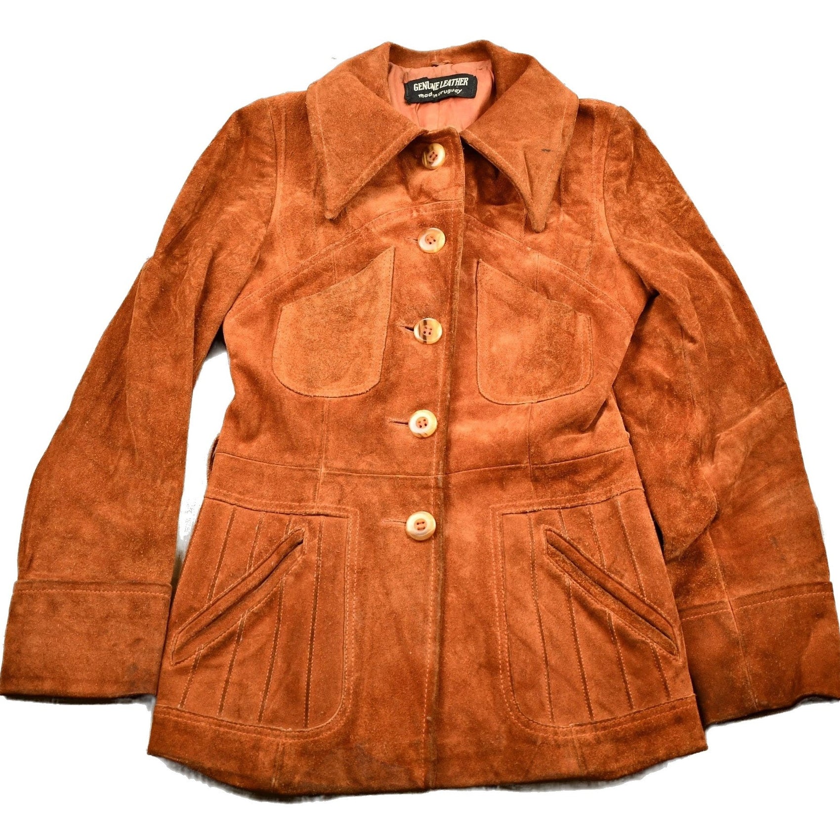 Other Clothing > Gender Neutral Adult Clothing > Jackets & Coats Vintage 1960s Burnt Orange Full Length Suede Leather Jacket Men's Small