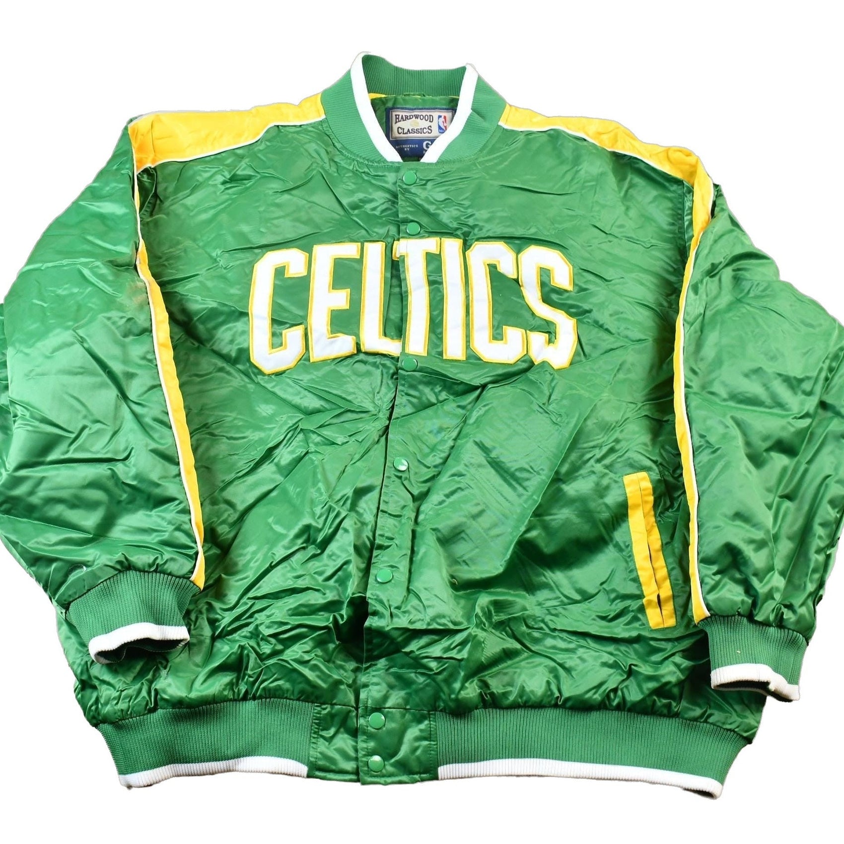 Other Clothing > Gender Neutral Adult Clothing > Jackets & Coats Vintage 1990s Hardwood Classics Boston Celtics NBA Basketball Embroidered Snap Button Satin Bomber Jacket / Varsity Style / Streetwear
