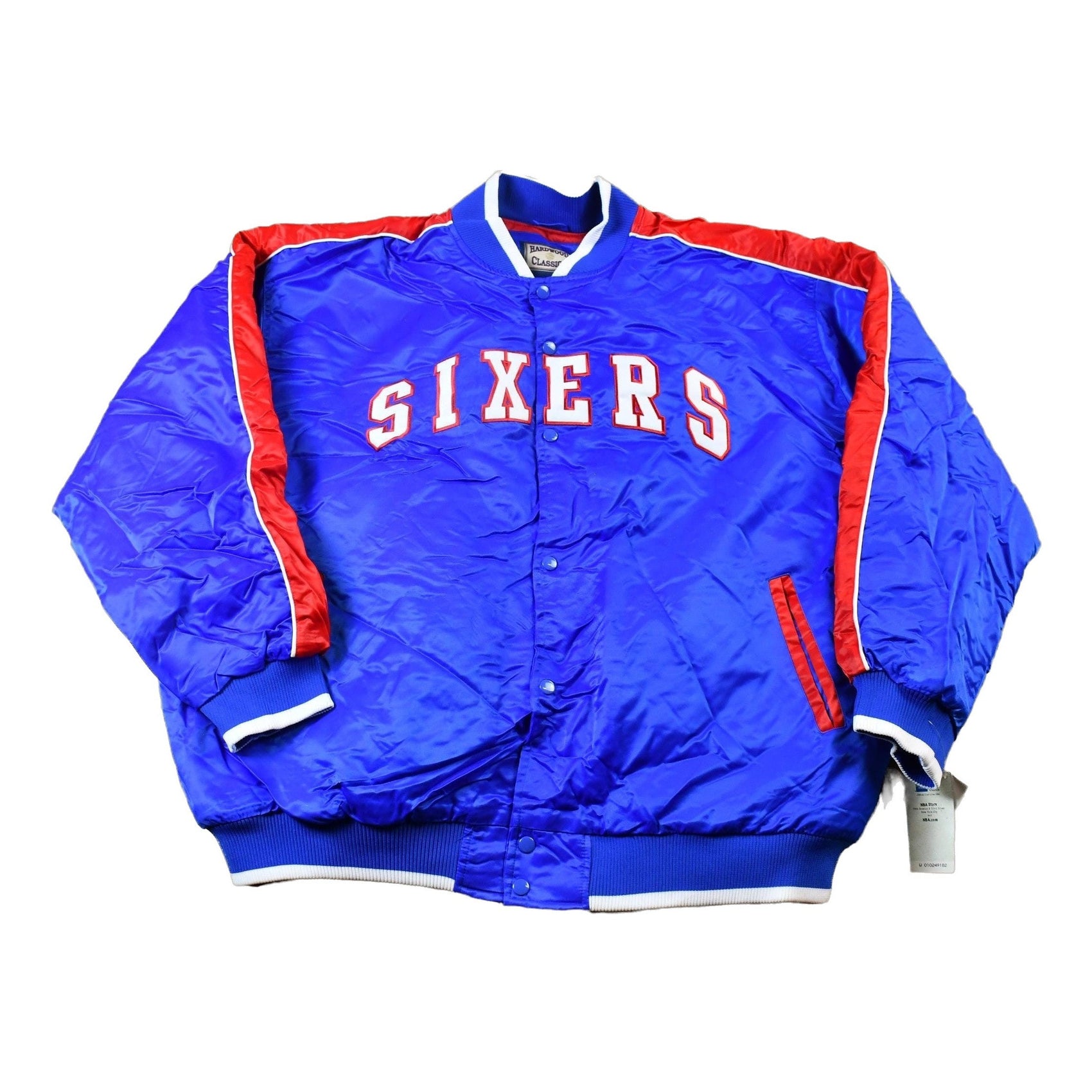 Other Clothing > Gender Neutral Adult Clothing > Jackets & Coats Vintage 1990s Hardwood Classics Philadelphia 76ers NBA Basketball Embroidered Snap Button Satin Bomber Jacket Men's 3XL/ Y2K Streetwear / Varsity