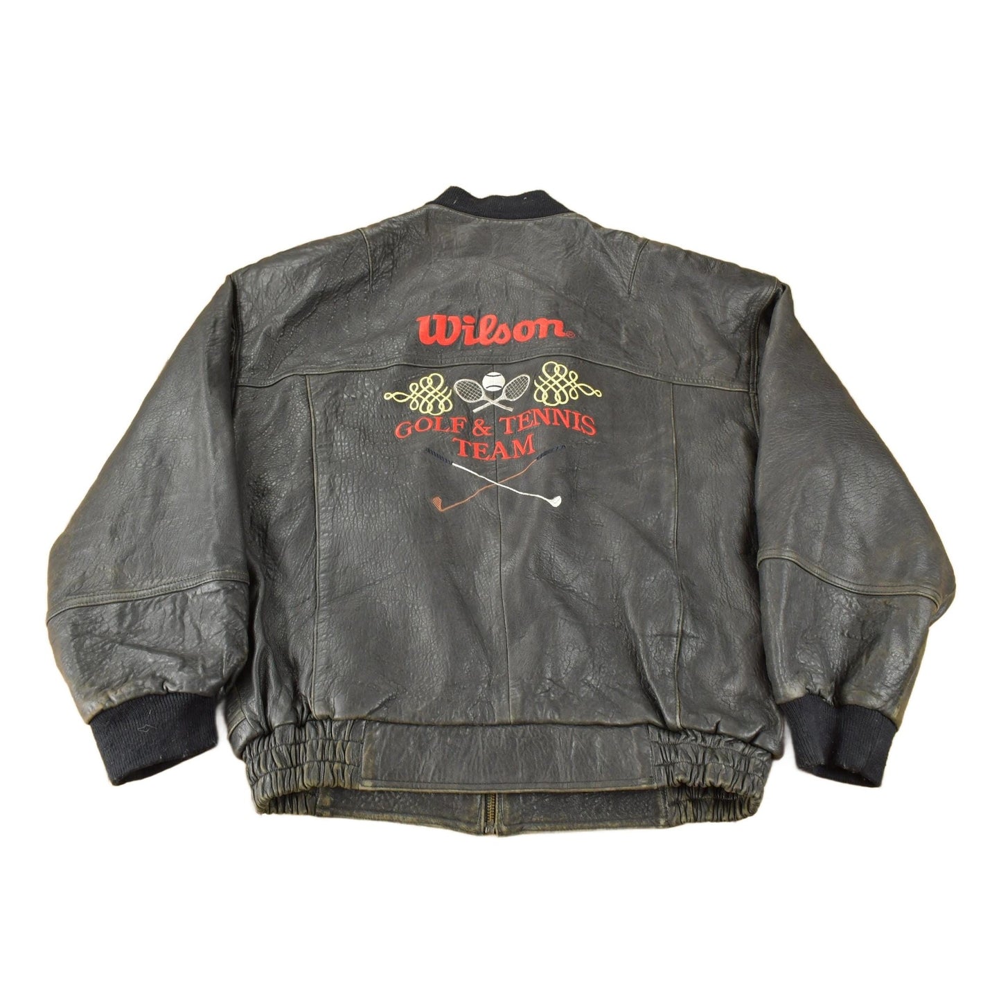 Other Clothing > Gender Neutral Adult Clothing > Jackets & Coats Vintage 1990s Wilson Golf & Tennis Team Embroidered Leather Bomber Jacket Men's Large