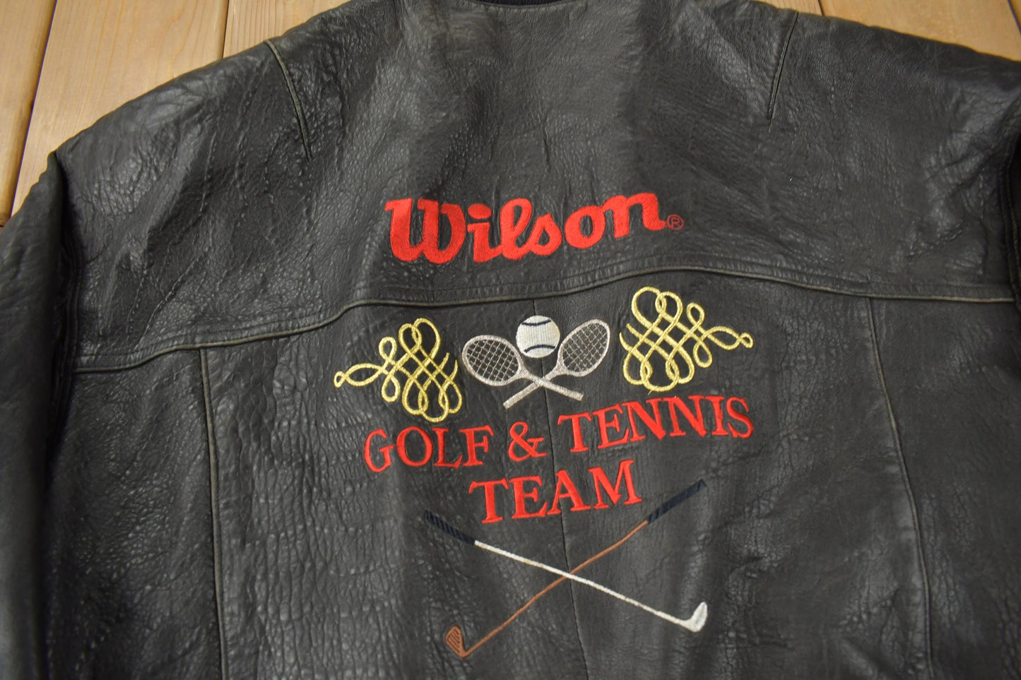Other Clothing > Gender Neutral Adult Clothing > Jackets & Coats Vintage 1990s Wilson Golf & Tennis Team Embroidered Leather Bomber Jacket Men's Large
