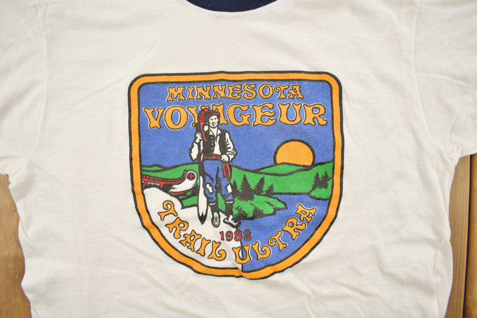 Other Clothing > Gender Neutral Adult Clothing > Tops & Tees > T Shirts Vintage 1982 Minnesota Voyageur Trail Ultra Souvenir Ringer T-Shirt Men's Medium